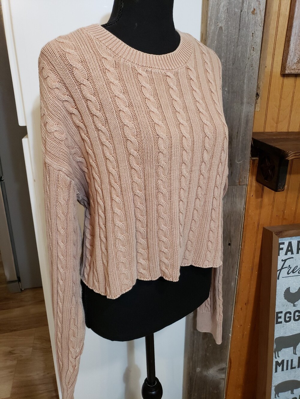 Aerie Cable Knit Fishermen Braided Tan Long Sleeve Crop Sweater Crew Neck L